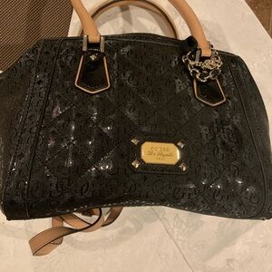 Guess Black and Tan Satchel Bag with Gold Accents
